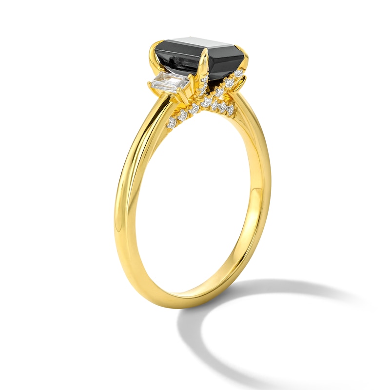 Main Image 5 of 2-1/4 CT. T.W. Emerald-Cut Black and White Diamond Three-Stone Ring in 14K Gold