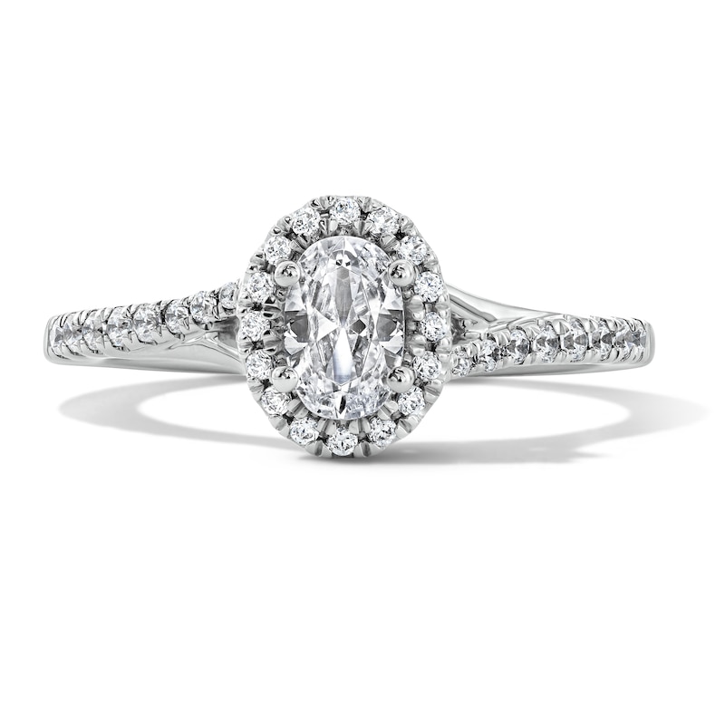 Main Image 1 of 3/4 CT. T.W. Oval Lab-Grown Diamond Frame Engagement Ring in Sterling Silver (F/VS2)