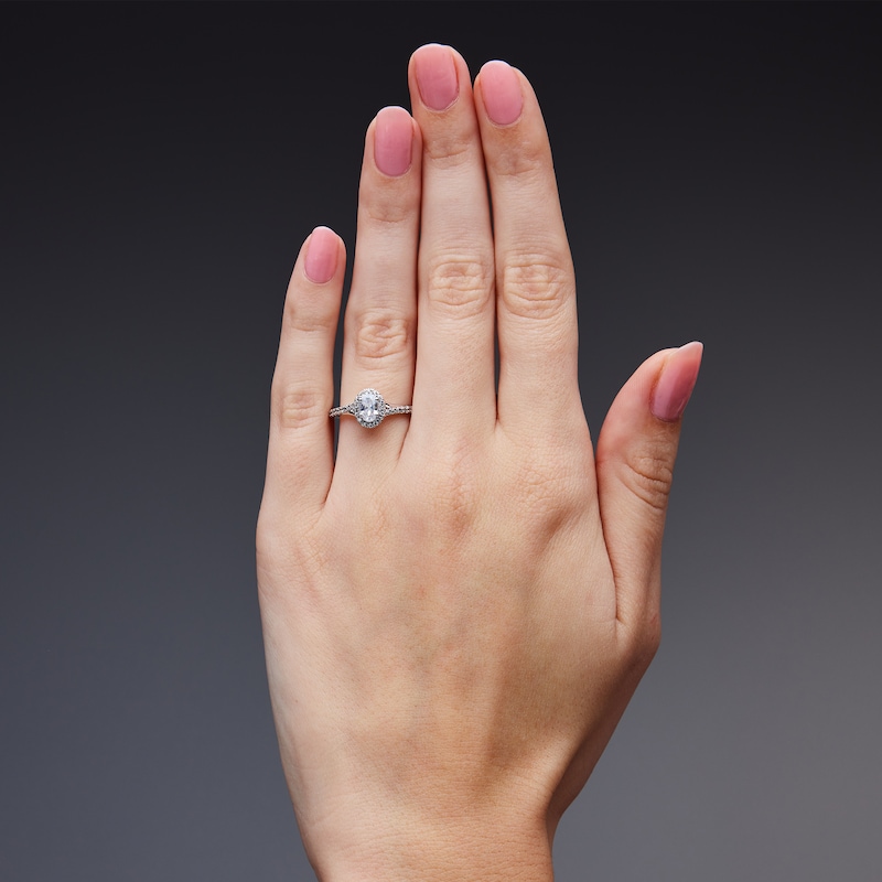 Main Image 2 of 3/4 CT. T.W. Oval Lab-Grown Diamond Frame Engagement Ring in Sterling Silver (F/VS2)