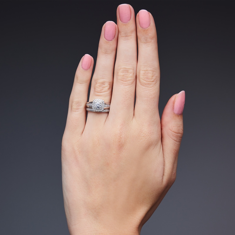 Main Image 2 of 1 CT. T.W. Round Lab-Grown Diamond Cushion Frame Bridal Set in Sterling Silver (F/VS2)