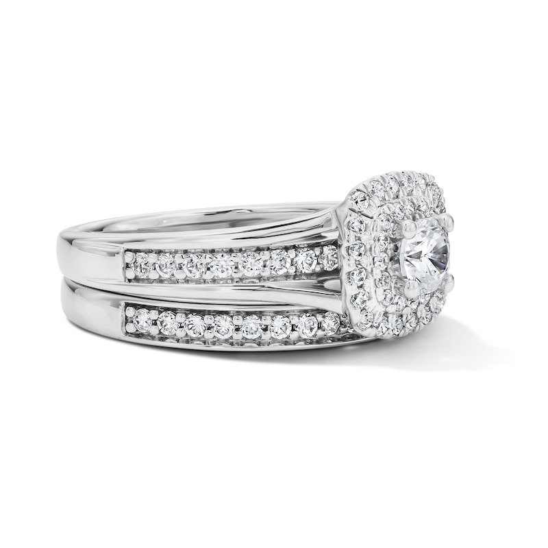 Main Image 4 of 1 CT. T.W. Round Lab-Grown Diamond Cushion Frame Bridal Set in Sterling Silver (F/VS2)