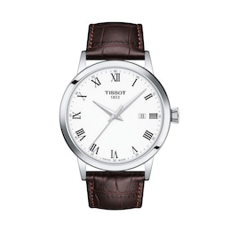 Men's Tissot Classic Dream Analog Watch with White Dial and Brown Leather Strap (Model: T1294101601300)