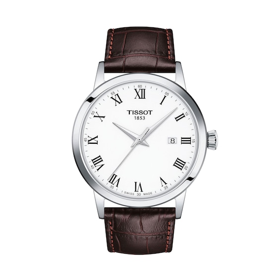 Men's Tissot Classic Dream Analog Watch with White Dial and Brown Leather Strap (Model: T1294101601300)