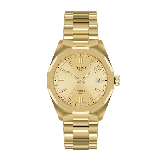 Unisex Tissot PRC 100 Solar Watch with Gold-Tone Dial and PVD Bracelet (Model: T1518223302100)