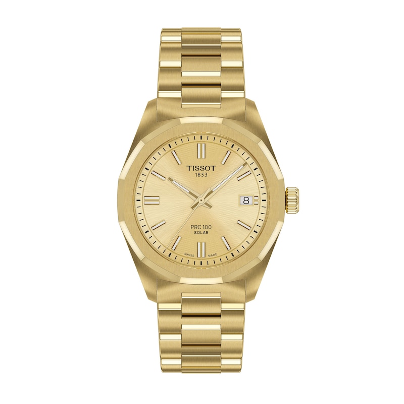 Main Image 1 of Unisex Tissot PRC 100 Solar Watch with Gold-Tone Dial and PVD Bracelet (Model: T1518223302100)
