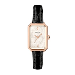 Ladies' Tissot SRV Watch in Rose Gold-Tone PVD with Mother-of-Pearl Dial and Black Leather Strap (Model: T1601103611300)