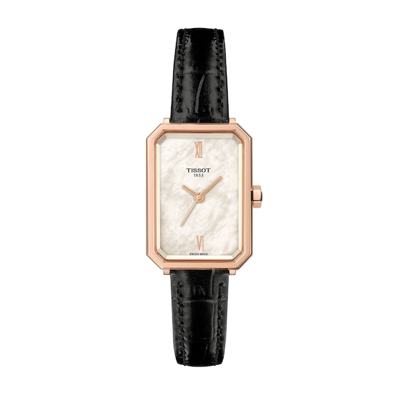 Ladies' Tissot SRV Watch in Rose Gold-Tone PVD with Mother-of-Pearl Dial and Black Leather Strap (Model: T1601103611300)