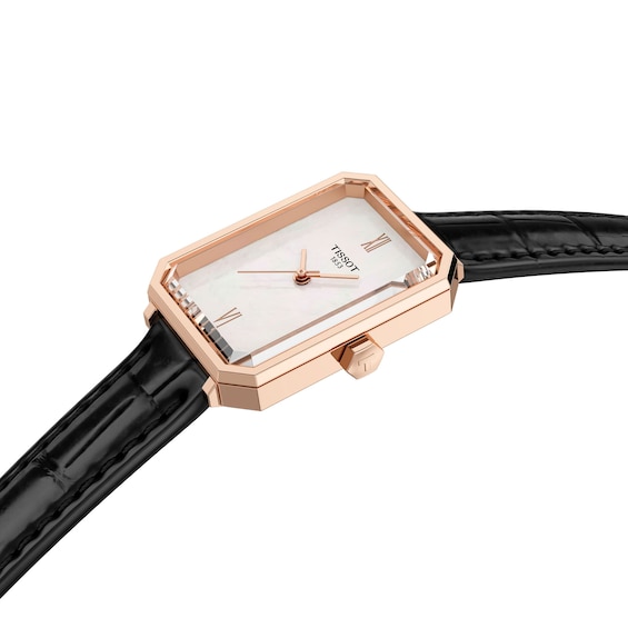 Ladies' Tissot SRV Watch in Rose Gold-Tone PVD with Mother-of-Pearl Dial and Black Leather Strap (Model: T1601103611300)