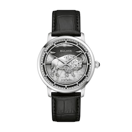 Men's Bulova x Stetson Bison Automatic Watch with Medallion Dial and Black Leather Strap (Model: 96A333)