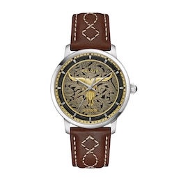 Men's Bulova x Stetson Longhorn Automatic Watch with Black Dial and Brown Leather Strap (Model: 96A334)