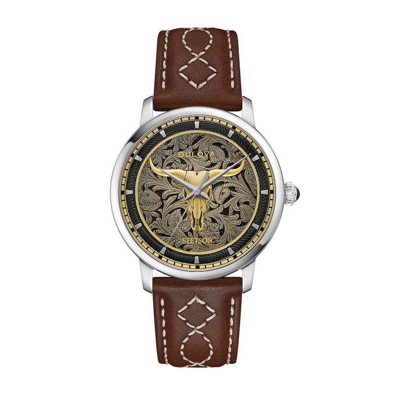 Main Image 1 of Men's Bulova x Stetson Longhorn Automatic Watch with Black Dial and Brown Leather Strap (Model: 96A334)