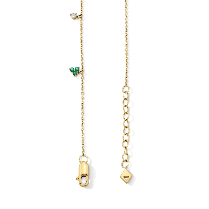 Main Image 3 of 1/20 CT. T.W. Diamond and Emerald Quartet Dangle Station Bracelet in 10K Gold - 7"