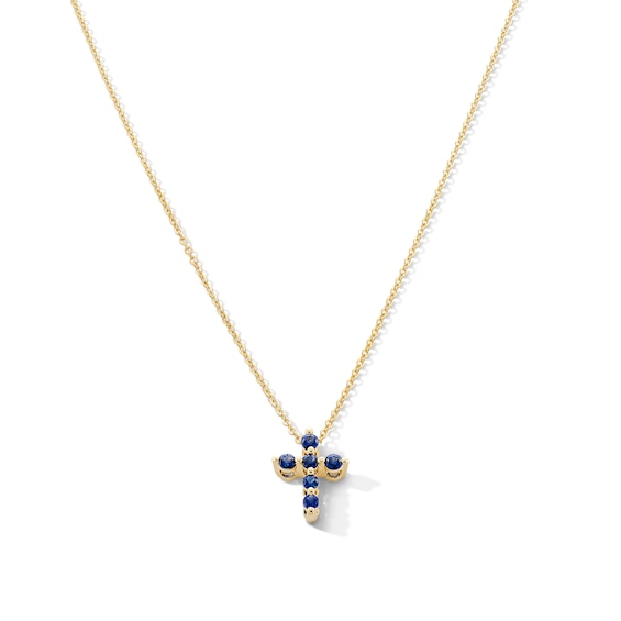 Blue Sapphire Cross Necklace in 10K Gold - 19"