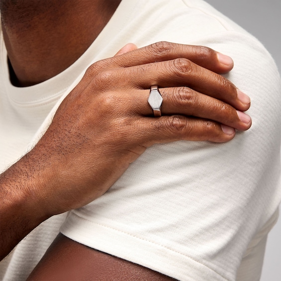 Black Diamond Accent Hexagon Signet Ring in Sterling Silver