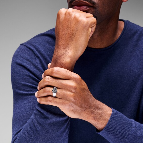 1/2 CT. T.w. Black Multi-Diamond Hexagon Signet Ring in Sterling Silver