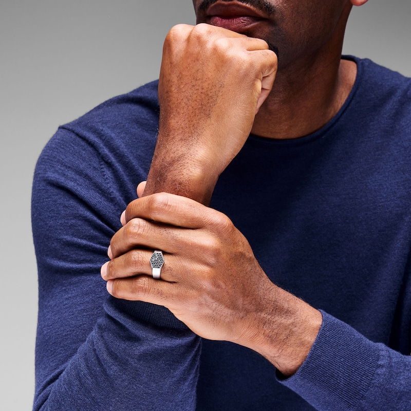 Main Image 2 of 1/2 CT. T.W. Black Multi-Diamond Hexagon Signet Ring in Sterling Silver