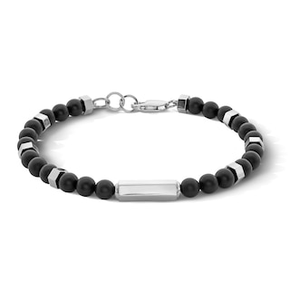 Black Agate Beaded Bracelet in Sterling Silver - 8.5"