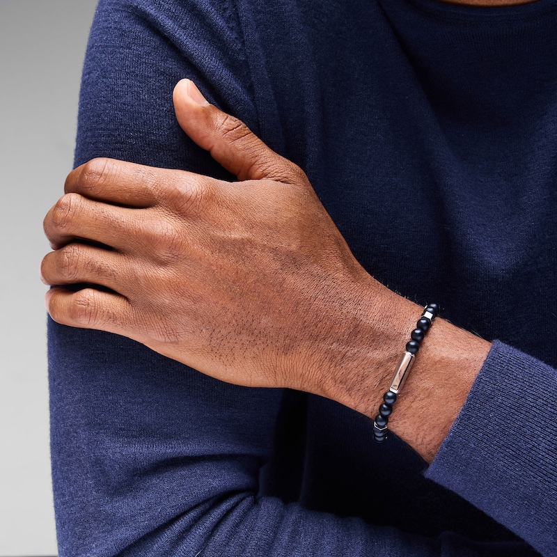 Main Image 2 of Black Agate Beaded Bracelet in Sterling Silver - 8.5"