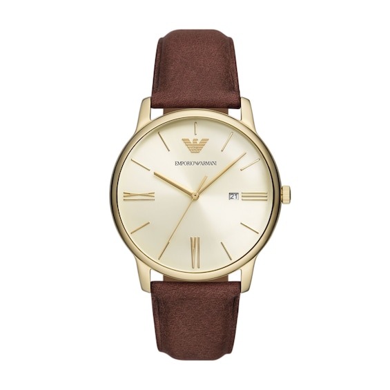 Men's Emporio Armani Gold-Tone IP Watch with Cream Dial and Brown Leather Strap (Model: Ar11610)