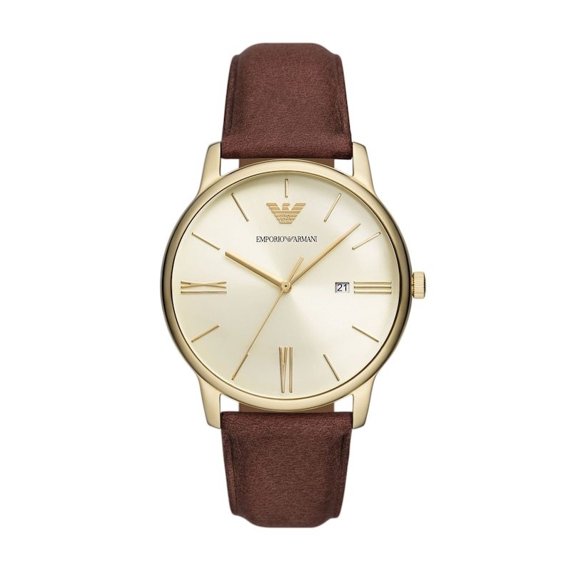 Main Image 1 of Men's Emporio Armani Gold-Tone IP Watch with Cream Dial and Brown Leather Strap (Model: AR11610)