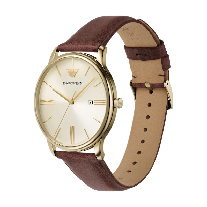 Main Image 4 of Men's Emporio Armani Gold-Tone IP Watch with Cream Dial and Brown Leather Strap (Model: AR11610)