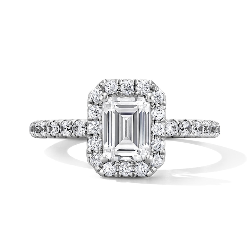 Main Image 1 of Classic Everlasting 1-1/2 CT. T.W. Emerald-Cut Certified Diamond Frame Engagement Ring in 14K White Gold (G/I1)