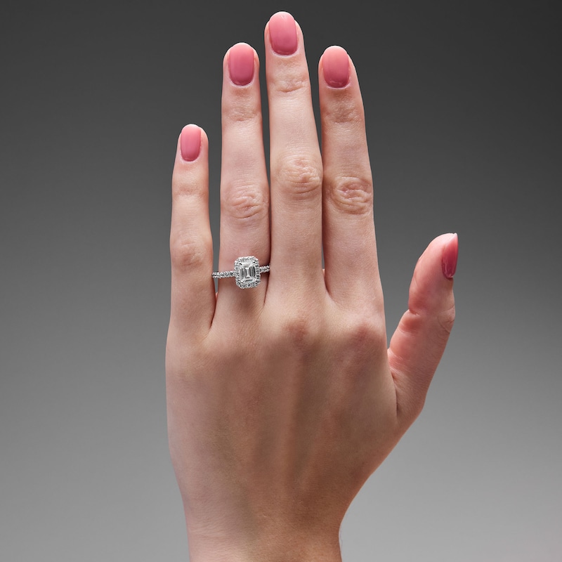 Main Image 2 of Classic Everlasting 1-1/2 CT. T.W. Emerald-Cut Certified Diamond Frame Engagement Ring in 14K White Gold (G/I1)