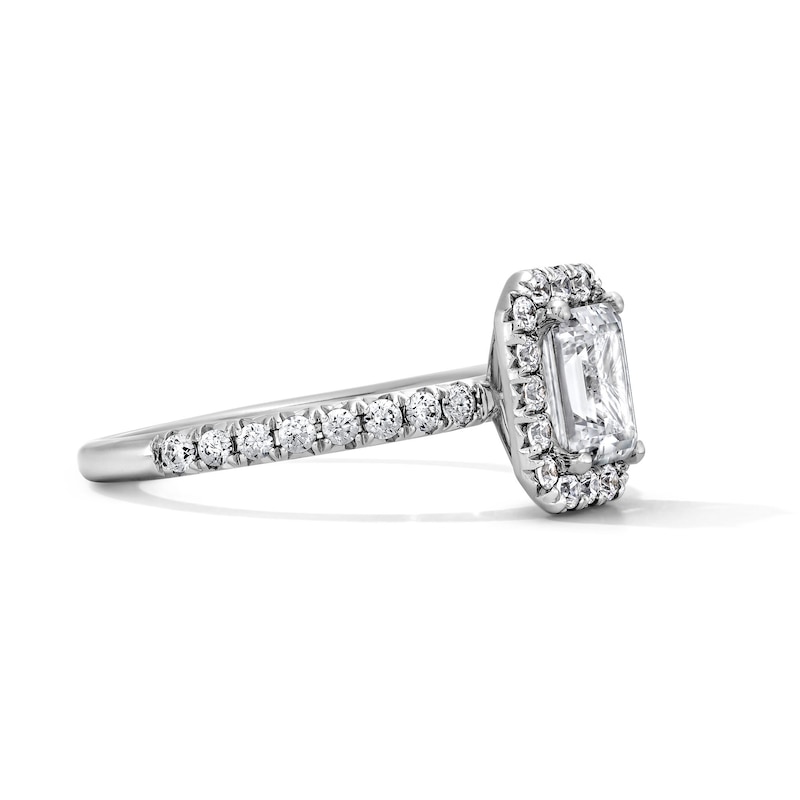Main Image 4 of Classic Everlasting 1-1/2 CT. T.W. Emerald-Cut Certified Diamond Frame Engagement Ring in 14K White Gold (G/I1)