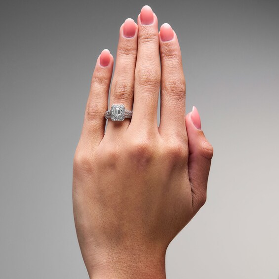 1-1/4 Ct.t.w. Emerald-Cut Certified Lab-Grown Diamond Double Frame Engagement Ring in 14K White Gold (F/Vs2)