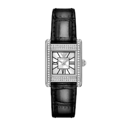 Ladies' Emporio Armani Crystal Stainless Steel Watch with Silver Dial and Black Leather Strap (Model: AR11660)