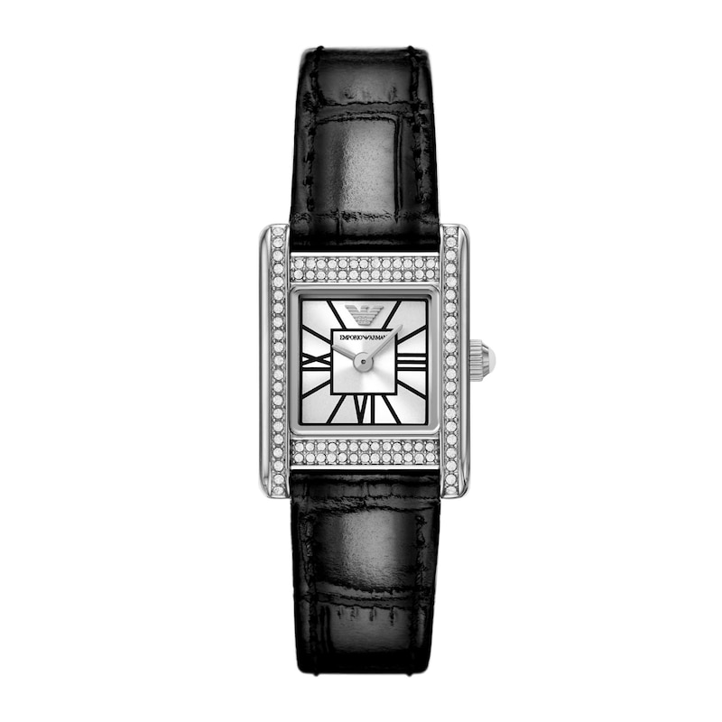 Main Image 1 of Ladies' Emporio Armani Crystal Stainless Steel Watch with Silver Dial and Black Leather Strap (Model: AR11660)