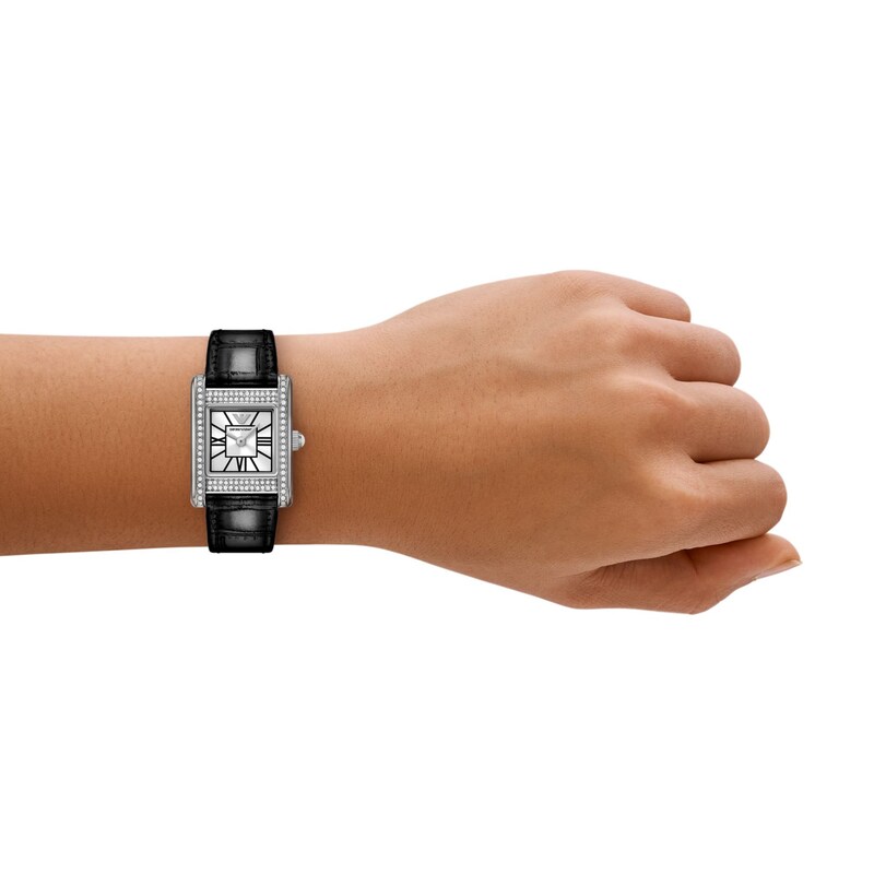 Main Image 2 of Ladies' Emporio Armani Crystal Stainless Steel Watch with Silver Dial and Black Leather Strap (Model: AR11660)