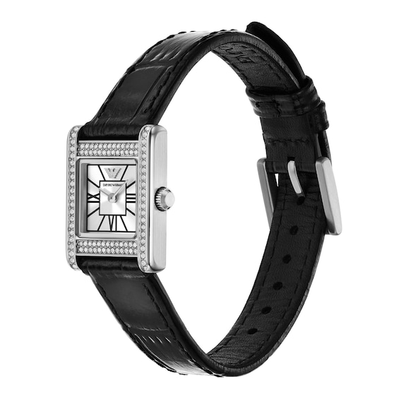 Ladies' Emporio Armani Crystal Stainless Steel Watch with Silver Dial and Black Leather Strap (Model: Ar11660)