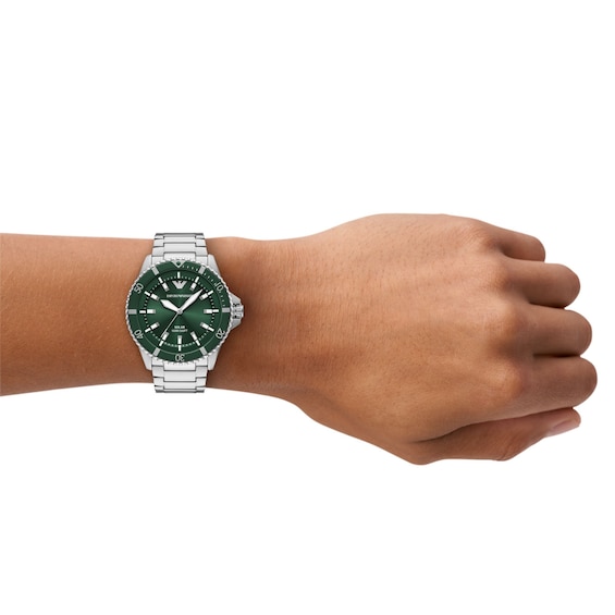 Men's Emporio Armani World Explorer Solar-Powered Stainless Steel Watch with Green Dial (Model: Ar11698)