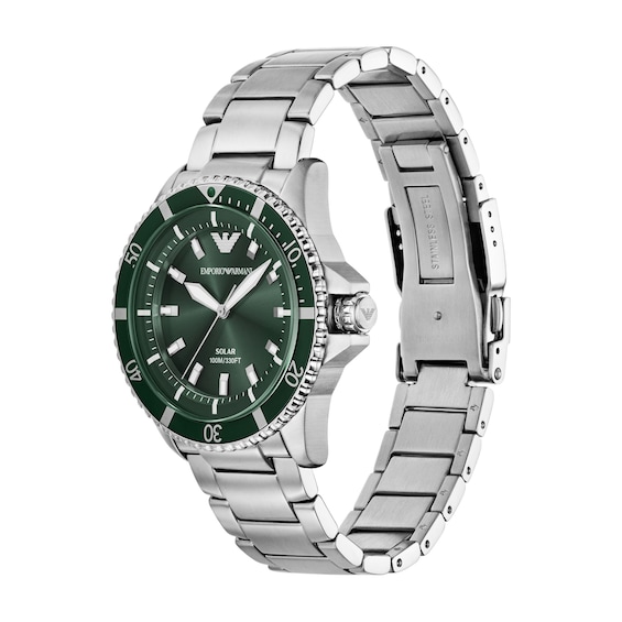 Men's Emporio Armani World Explorer Solar-Powered Stainless Steel Watch with Green Dial (Model: Ar11698)