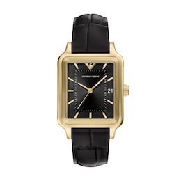 Men's Emporio Armani Gold-Tone IP Stainless Steel Watch with Black Dial and Black Leather Strap (Model: AR11757)