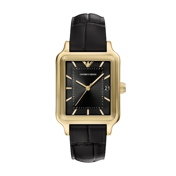 Men's Emporio Armani Gold-Tone IP Stainless Steel Watch with Black Dial and Black Leather Strap (Model: Ar11757)