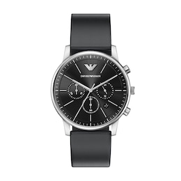 Men's Emporio Armani Stainless Steel Chronograph Watch with Black Dial and Black Leather Strap (Model: AR11774)