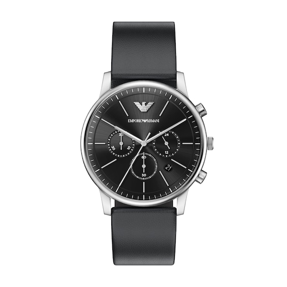 Men's Emporio Armani Stainless Steel Chronograph Watch with Black Dial and Black Leather Strap (Model: Ar11774)