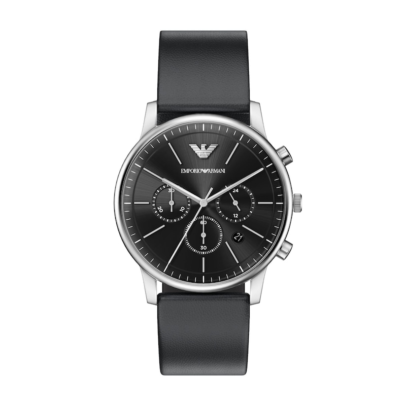 Main Image 1 of Men's Emporio Armani Stainless Steel Chronograph Watch with Black Dial and Black Leather Strap (Model: AR11774)