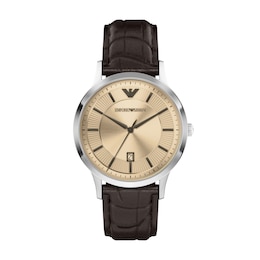 Men's Emporio Armani Stainless Steel Watch with Silver Dial and Brown Leather Strap (Model: AR11783)