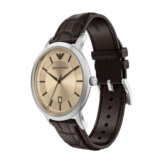 Men's Emporio Armani Stainless Steel Watch with Silver Dial and Brown Leather Strap (Model: Ar11783)