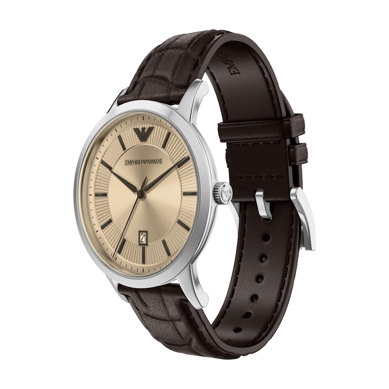 Main Image 4 of Men's Emporio Armani Stainless Steel Watch with Silver Dial and Brown Leather Strap (Model: AR11783)