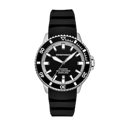 Men's Emporio Armani Sea Explorer Stainless Steel Watch with Black Dial and Silicone Strap (Model: AR60086)