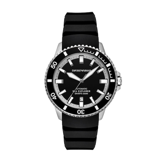 Men's Emporio Armani Sea Explorer Stainless Steel Watch with Black Dial and Silicone Strap (Model: Ar60086)