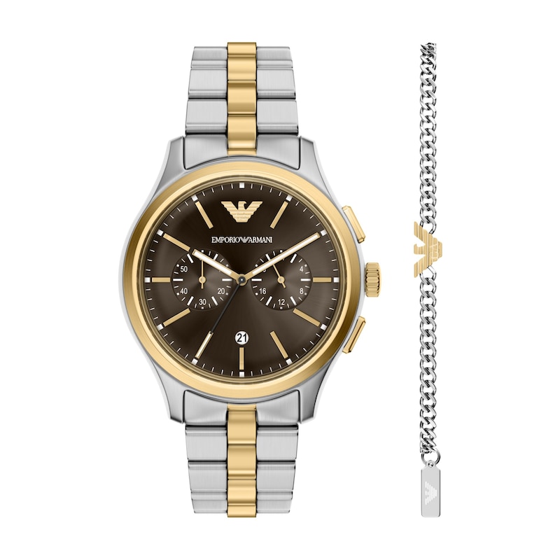 Main Image 1 of Men's Emporio Armani Two-Tone IP Stainless Steel Chronograph Watch Set with Brown Dial (Model: AR80084SET)