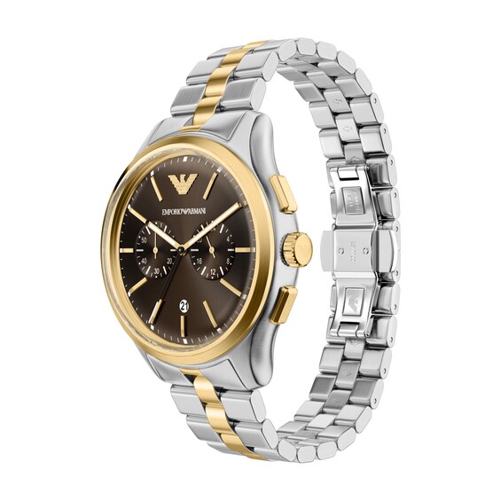 Men's Emporio Armani Two-Tone IP Stainless Steel Chronograph Watch Set with Brown Dial (Model: Ar80084Set)