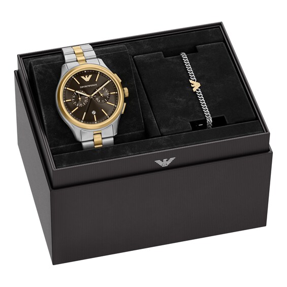 Men's Emporio Armani Two-Tone IP Stainless Steel Chronograph Watch Set with Brown Dial (Model: Ar80084Set)