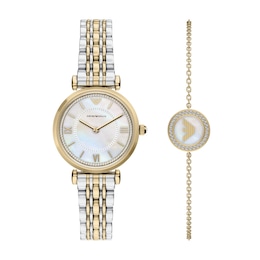 Ladies' Emporio Armani Two-Tone IP Stainless Steel Watch Set with Mother-of-Pearl Dial (Model: AR80086SET)