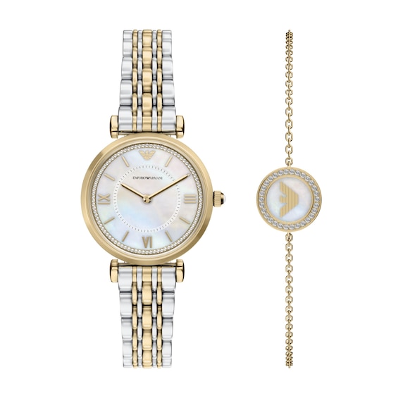 Ladies' Emporio Armani Two-Tone IP Stainless Steel Watch Set with Mother-of-Pearl Dial (Model: Ar80086Set)